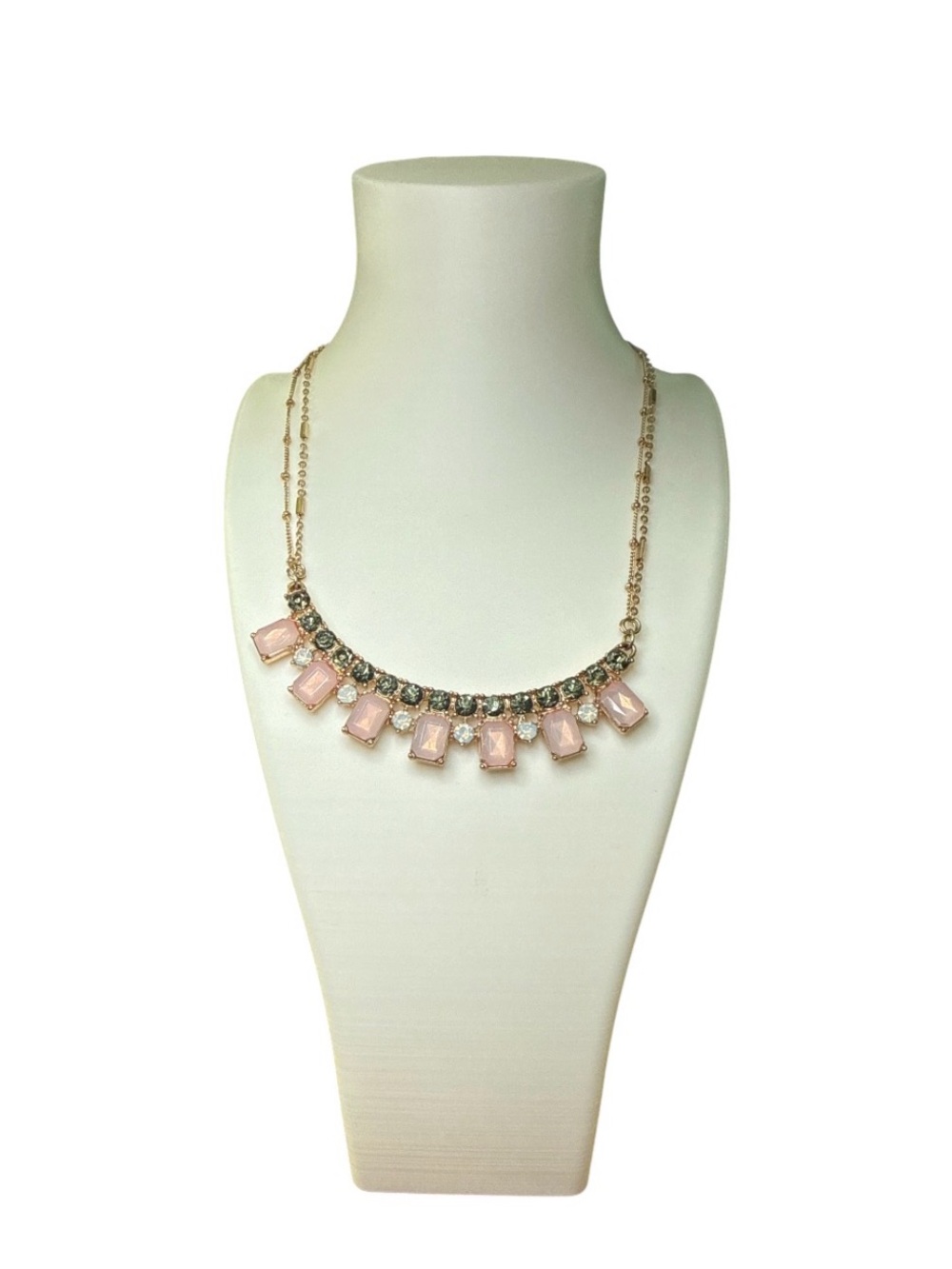 Liz Claiborne Rose Gold Pink Opal Green Statement Necklace Double Strand 16”